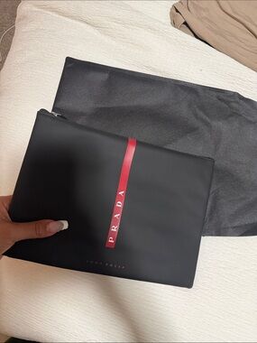 Prada Black Toiletry Pouch with Red Vertical Stripe